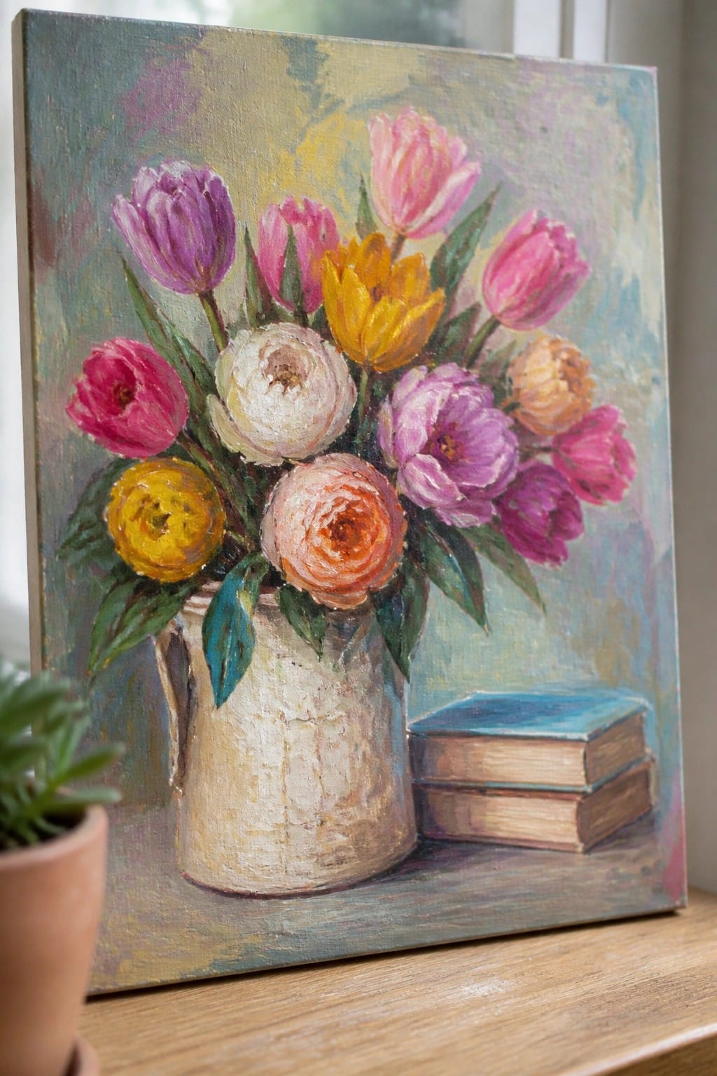 Colorful tulips and roses in a white pitcher beside stacked books in a painting