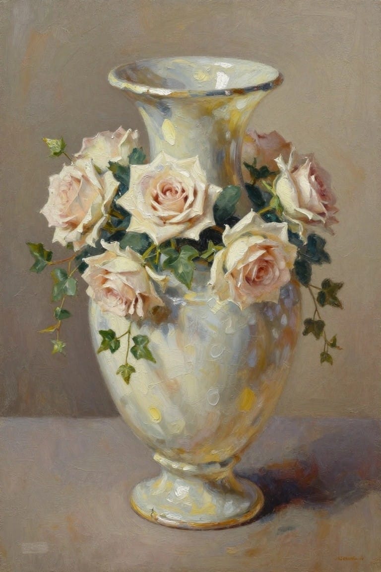 White vase with pink roses and trailing ivy on neutral background.