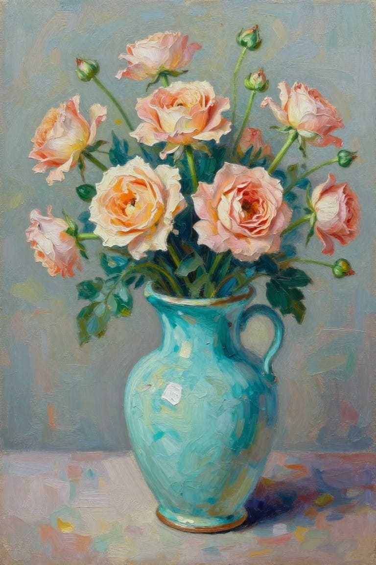 Oil painting of peach and pink roses in a turquoise vase against a muted blue-gray background.