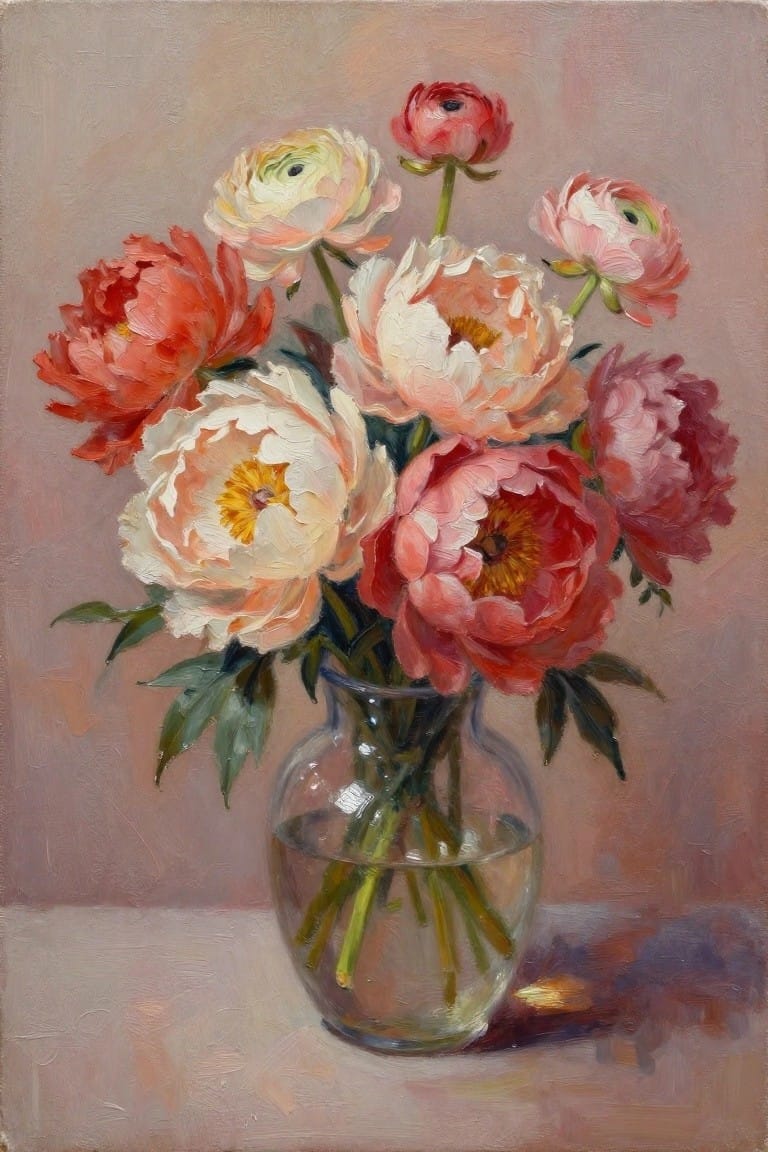Colorful peonies in red, pink, and white fill a glass vase.