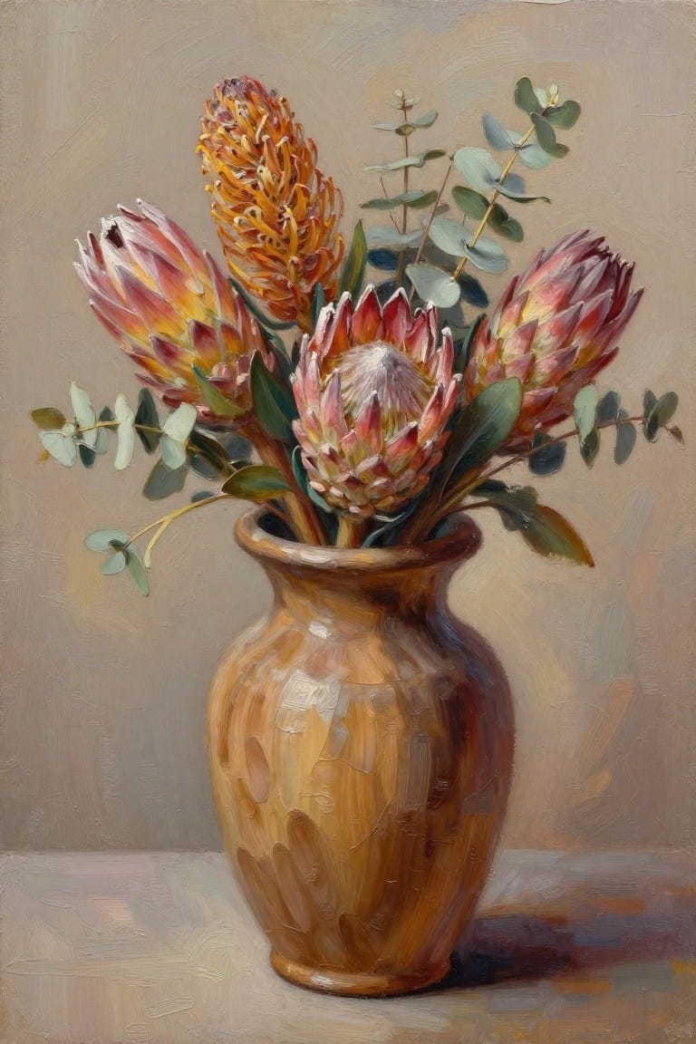 Brown vase with pink proteas and green eucalyptus on neutral background