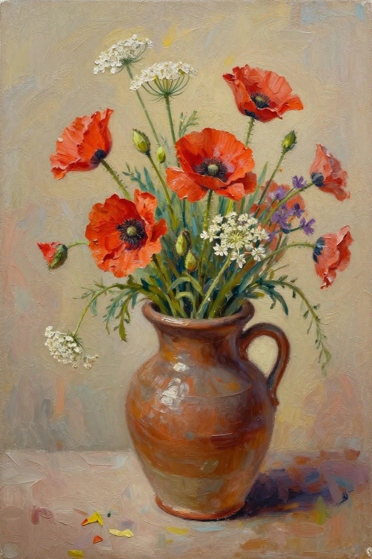 Red poppies and wildflowers in a brown ceramic vase on a table