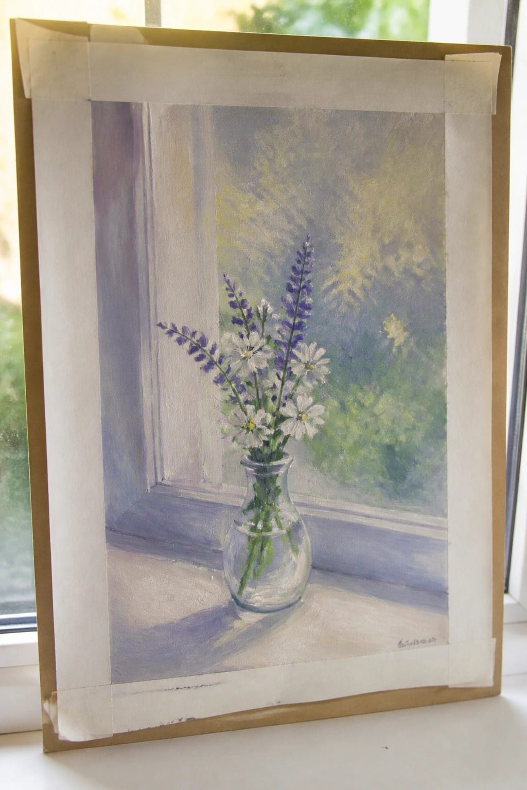 Painting of white and purple flowers in glass vase on windowsill with tape borders