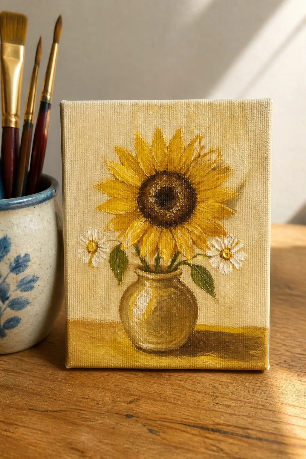 Small canvas painting of sunflower with daisies in vase beside paintbrushes on wood