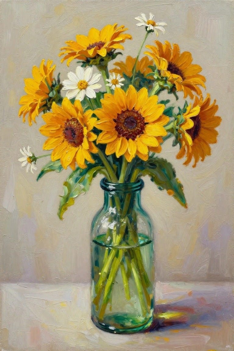 An oil painting of yellow sunflowers and white daisies in a green glass bottle filled with water.