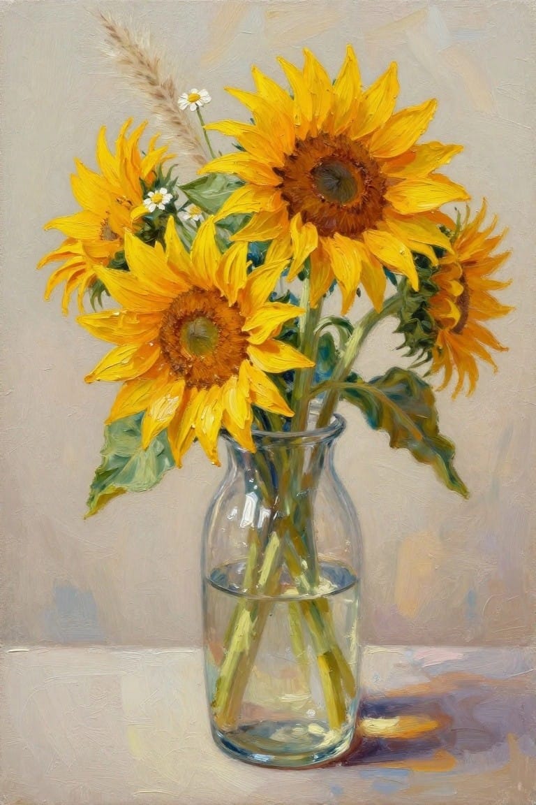 Bright yellow sunflowers in a clear glass vase filled with water