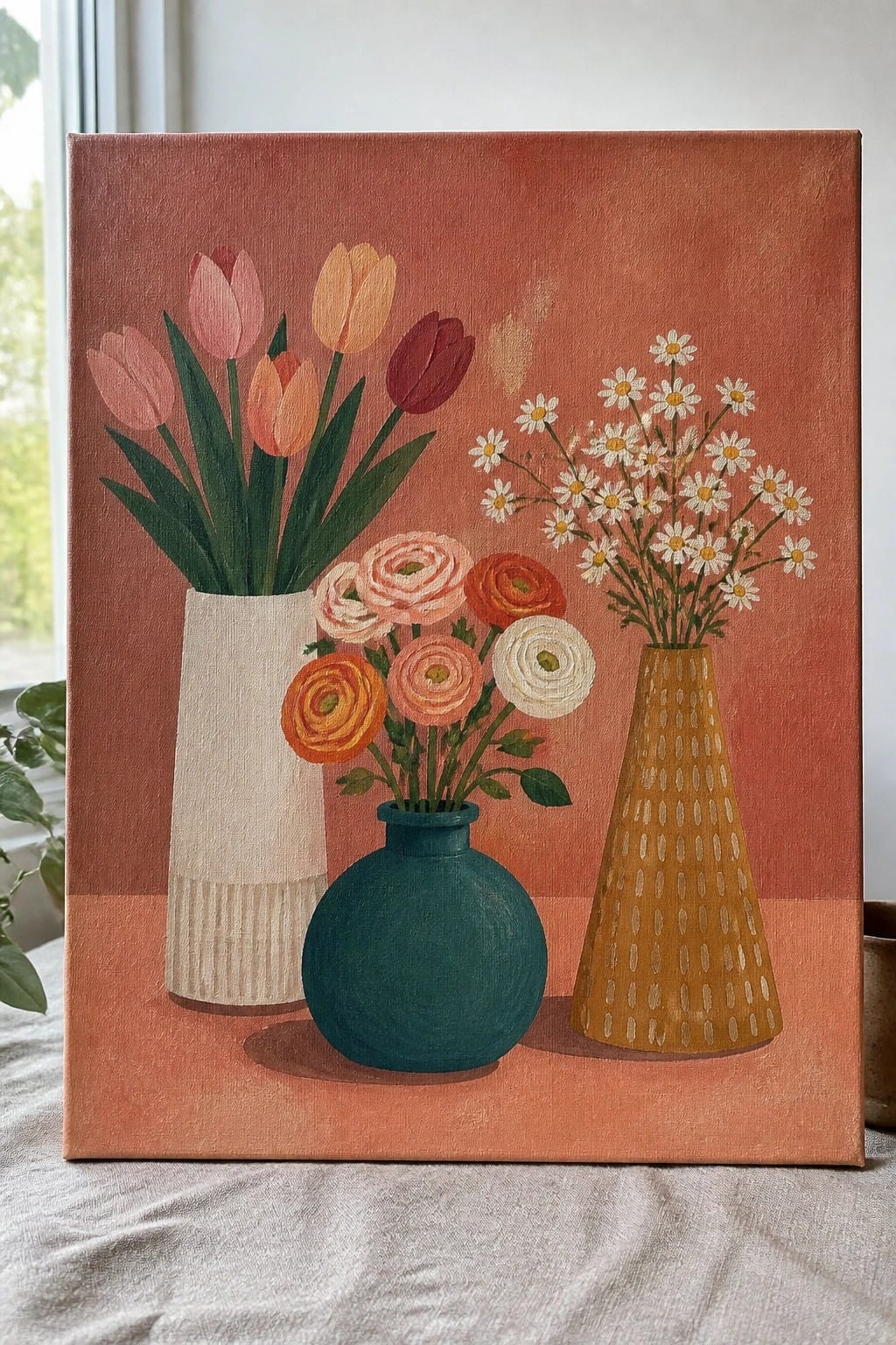 Three vases with tulips, ranunculus, and daisies against a coral background painting.