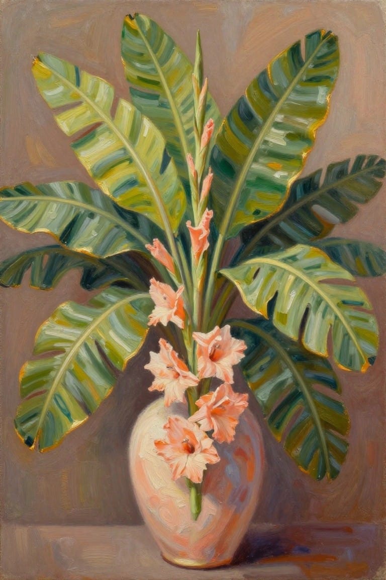 Painting of pink flowers in a vase amid large green tropical leaves