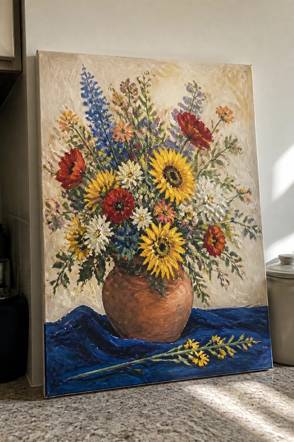 Colorful wildflowers in a brown vase on blue fabric with yellow stem in front.