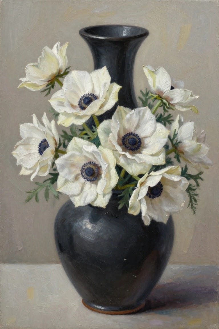 White anemones with dark centers in a glossy black vase on gray background.