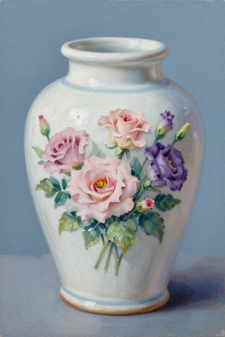 An oil painting of a white vase with pink roses and purple flowers against a light blue background.