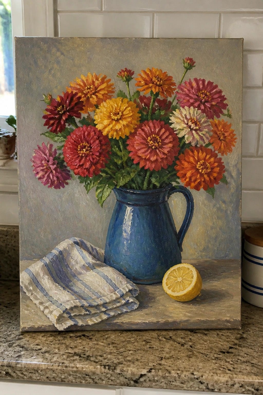 Colorful zinnias in blue pitcher beside lemon half and striped cloth on counter