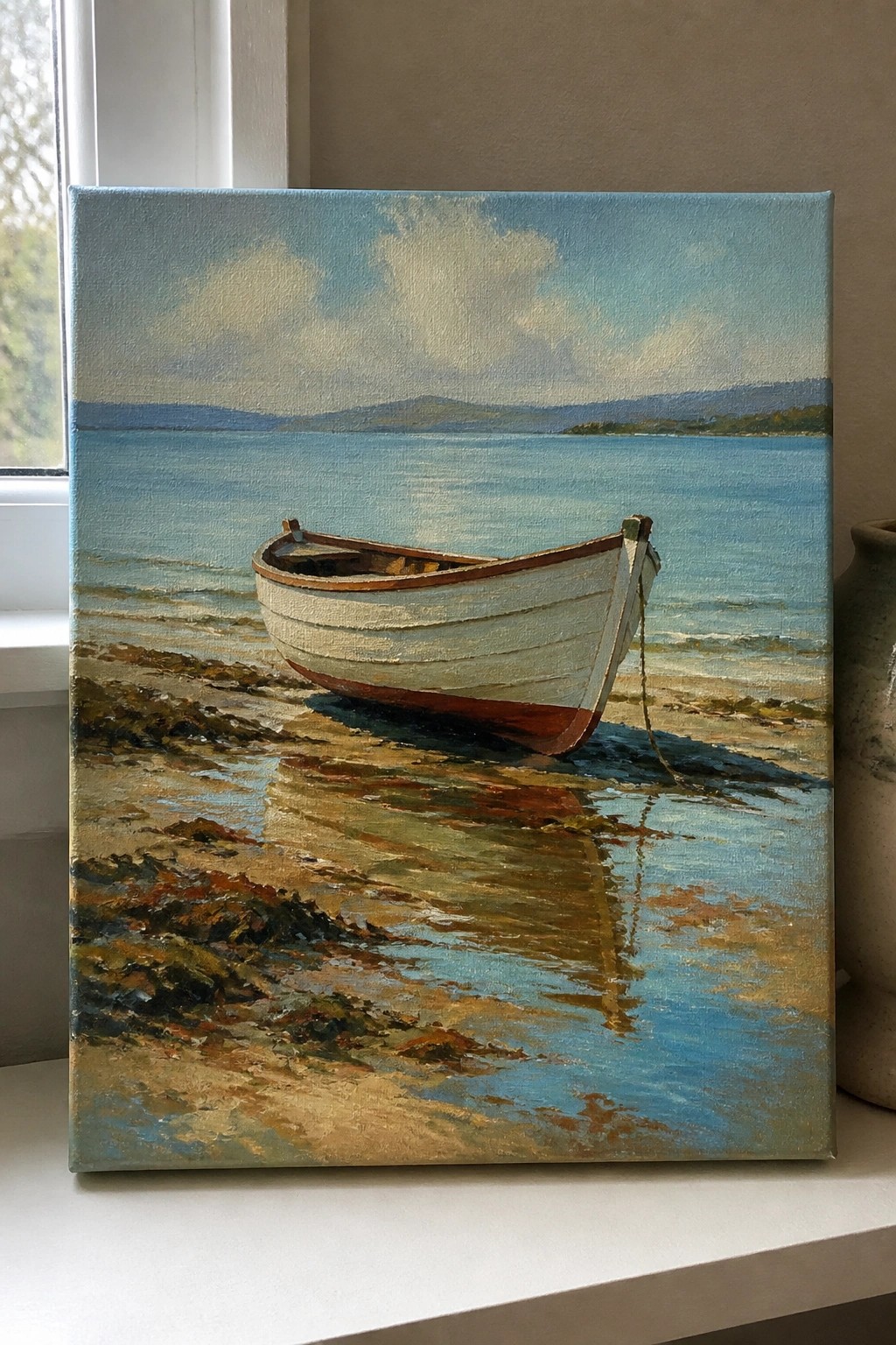 A realistic oil painting of a white rowboat with a brown hull resting on wet sand beside shallow blue water, its reflection visible, with distant hills and a cloudy sky in the background.