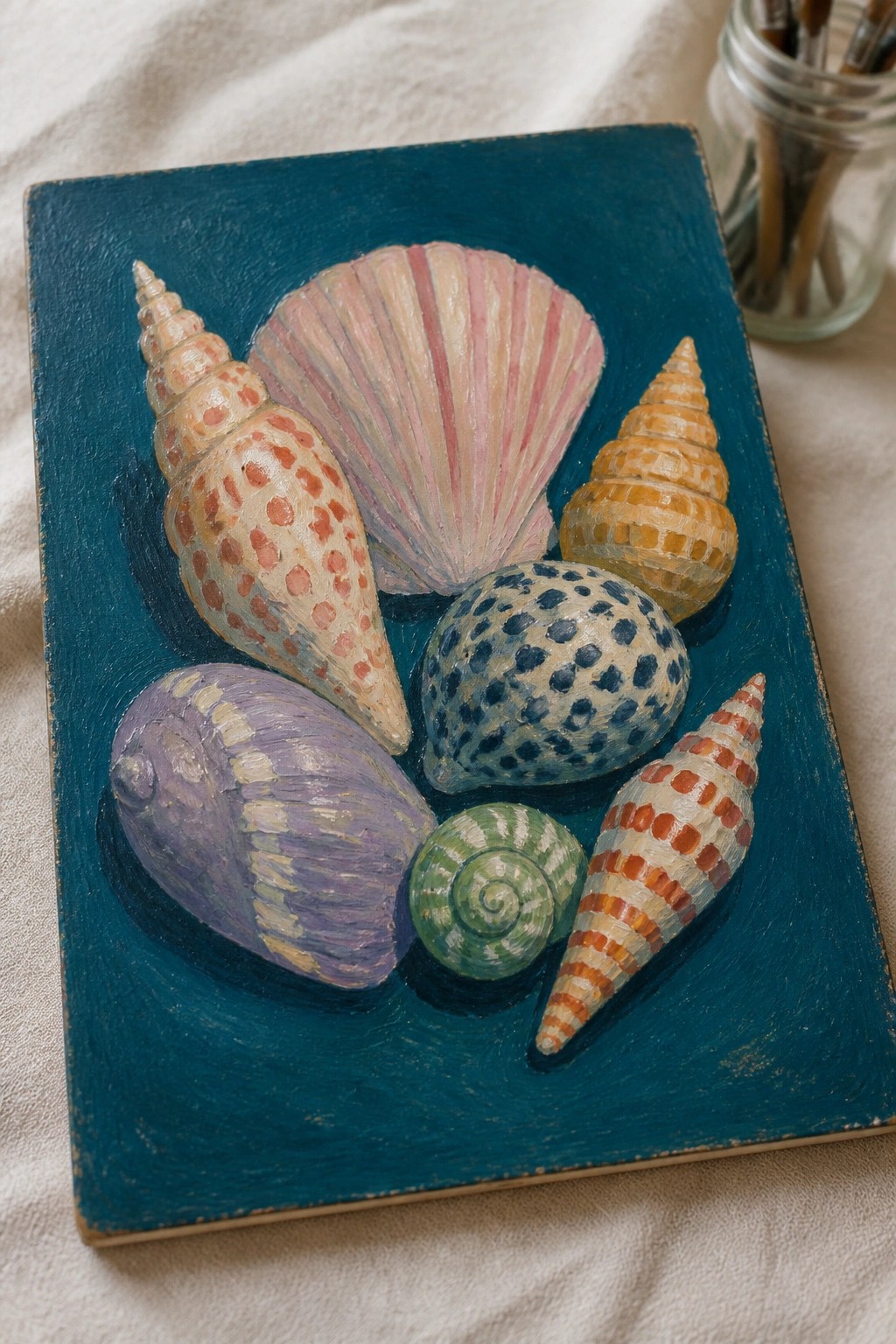 Colorful painted seashells on teal canvas beside jar of paintbrushes.