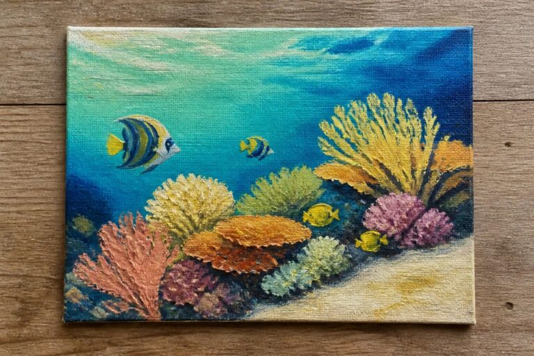 19 Colorful Ocean Oil Painting Ideas To Brighten Any Canvas Vibrant painting of tropical fish swimming among colorful corals in blue ocean.