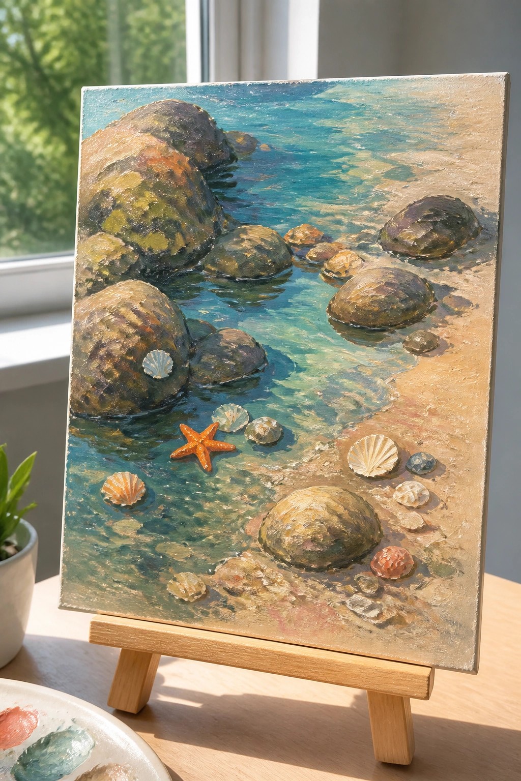 Painting on easel of rocky shore with seashells, starfish in turquoise water