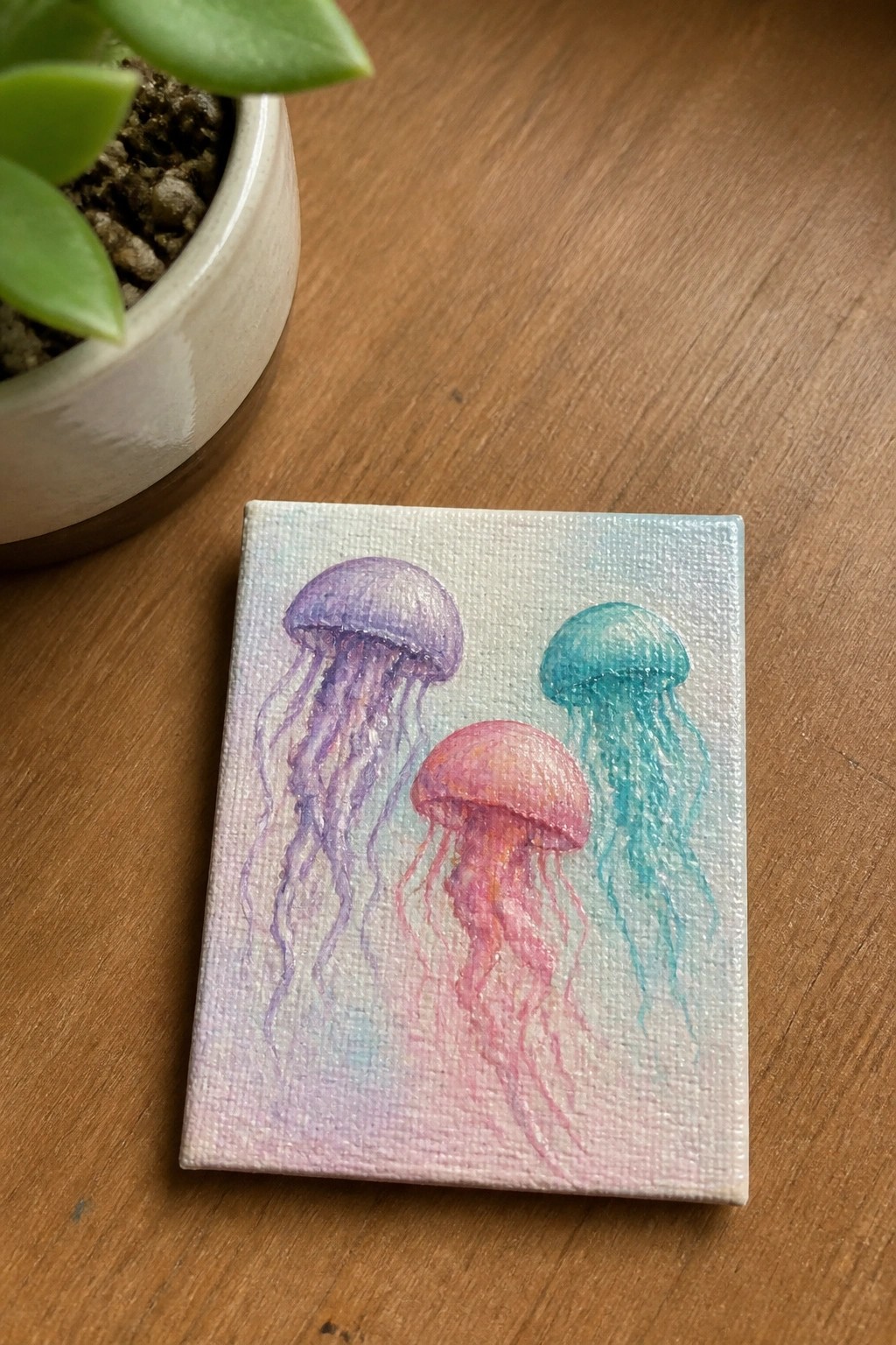 Small canvas with three colorful jellyfish paintings on wooden table beside potted plant.