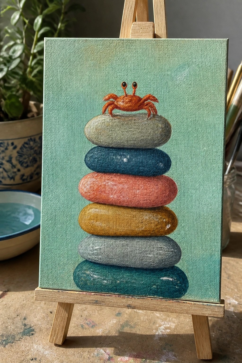 Orange crab atop stacked colorful stones in painting on wooden easel.