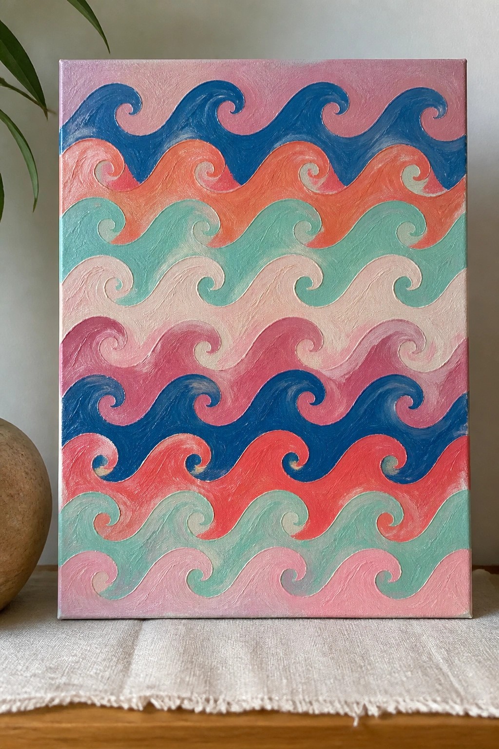 Vibrant abstract painting with wavy blue pink orange teal wave patterns on canvas