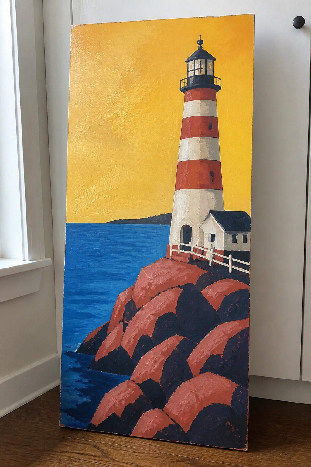 Vibrant painting of striped lighthouse on red rocks by blue sea under yellow sky