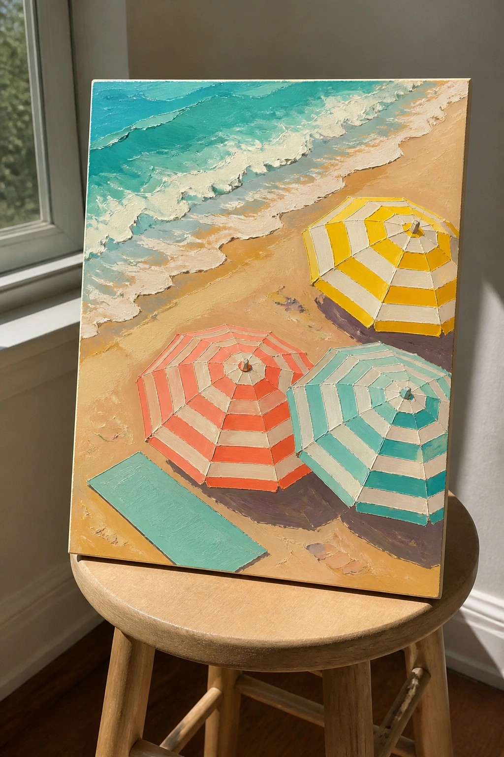 Impressionistic beach painting with colorful striped umbrellas on sand by turquoise waves