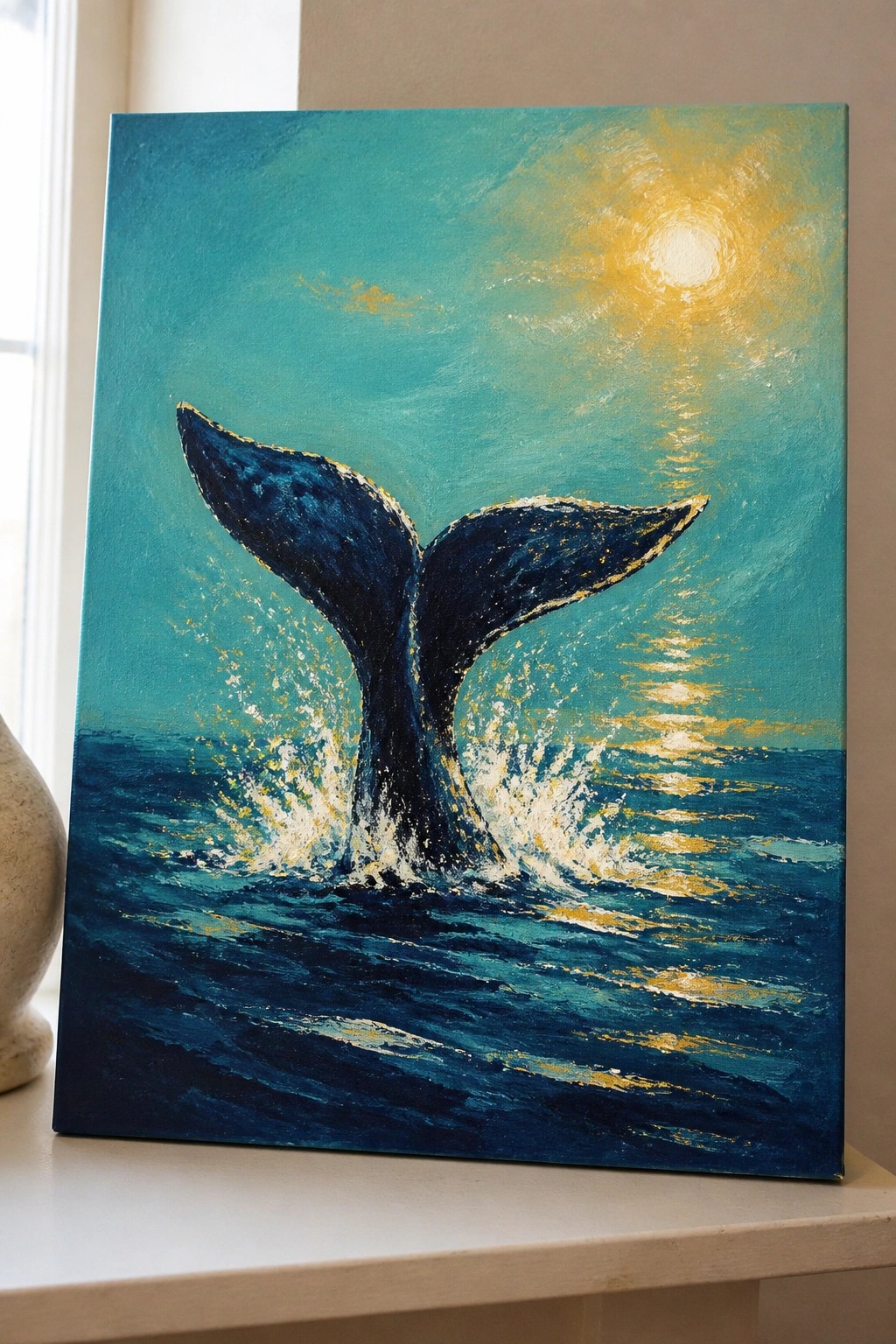 Vibrant painting of whale tail splashing in turquoise ocean under golden sun with gold accents