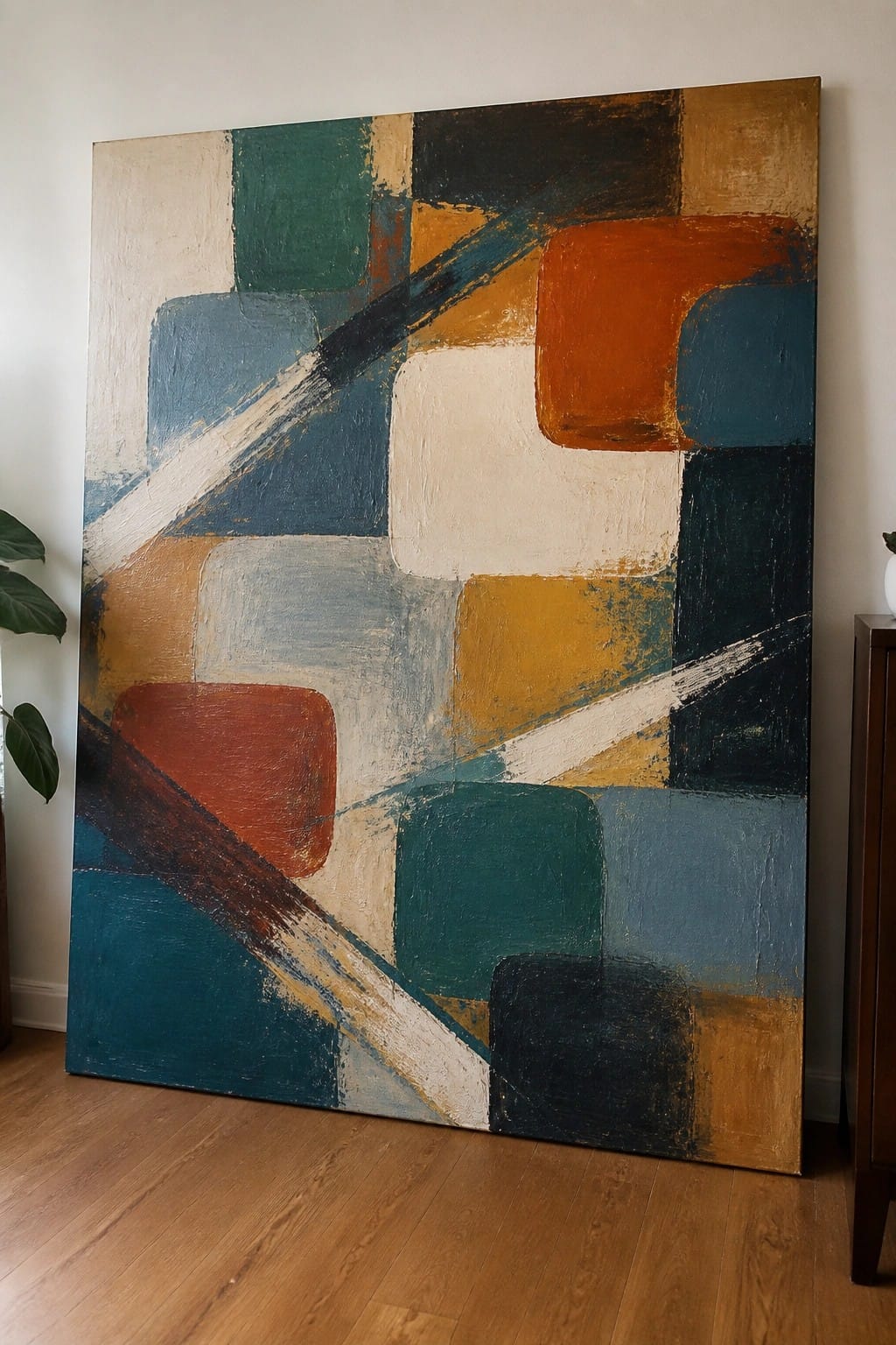 Large abstract painting with teal, orange, and blue geometric shapes on wood floor