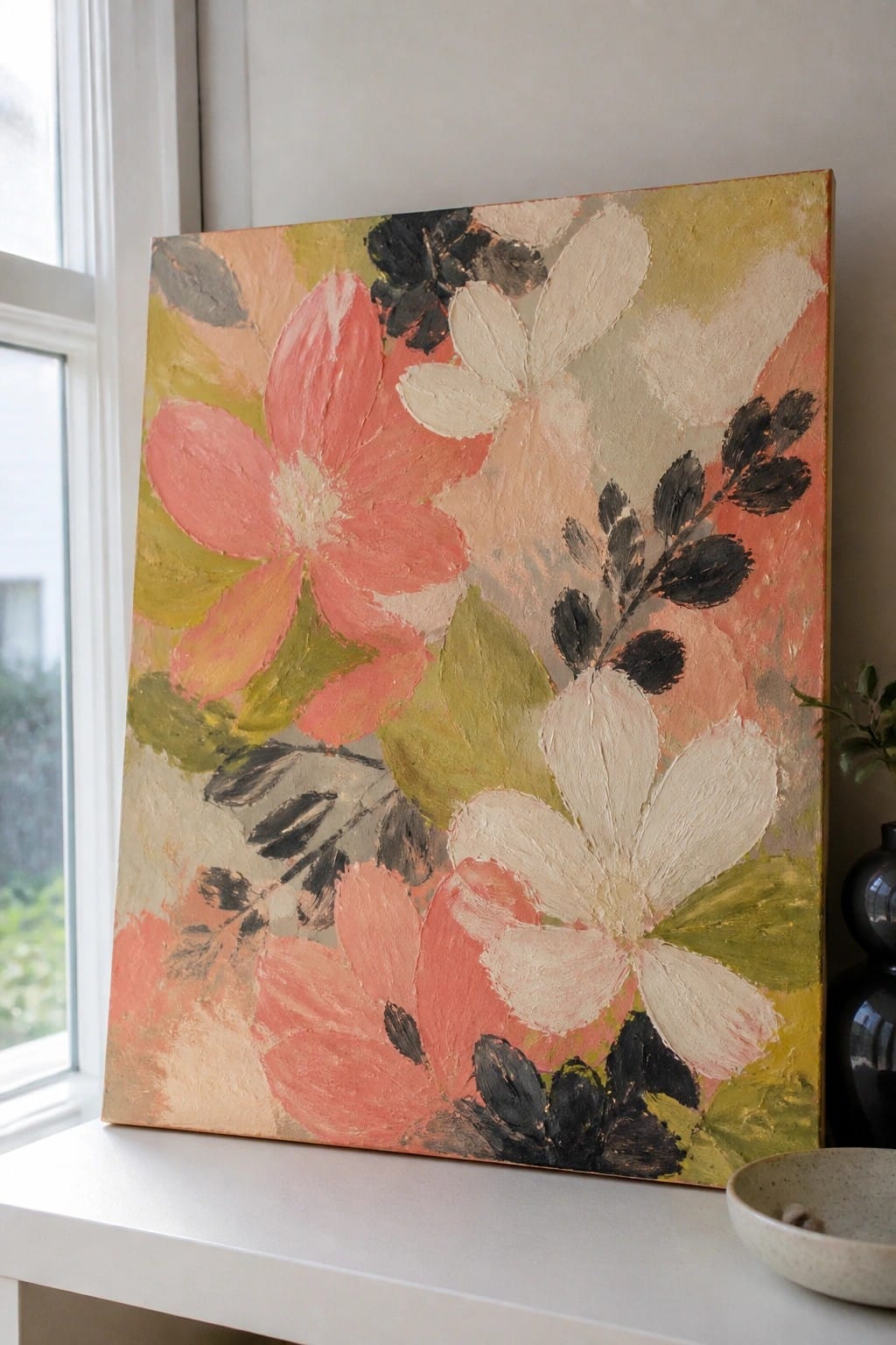 Abstract floral painting with oversized pink, white, and coral flowers on canvas