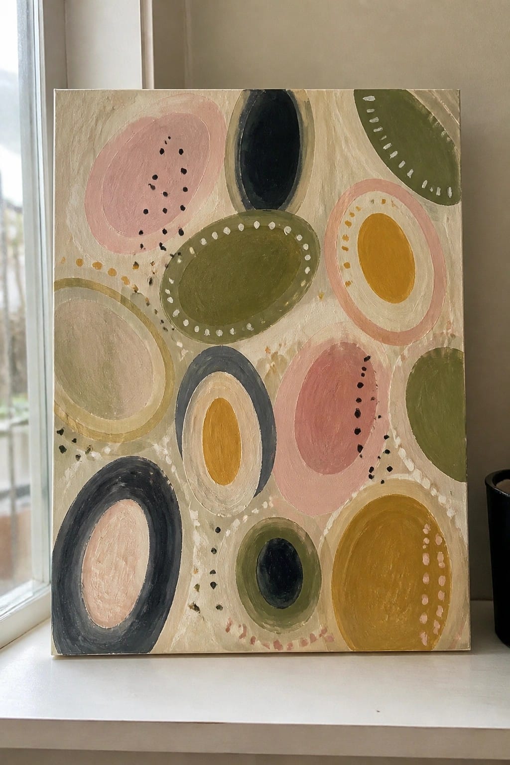 Abstract painting with overlapping pink, green, yellow, and black circles on beige background on windowsill.