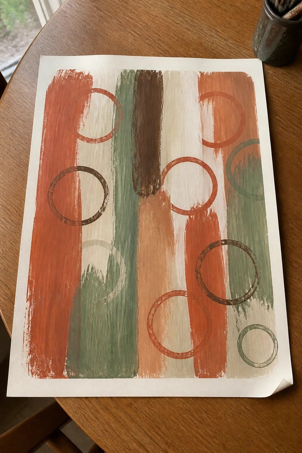 Abstract oil painting on paper showing vertical stripes in orange, green, brown, and beige with several overlapping circles in similar tones.