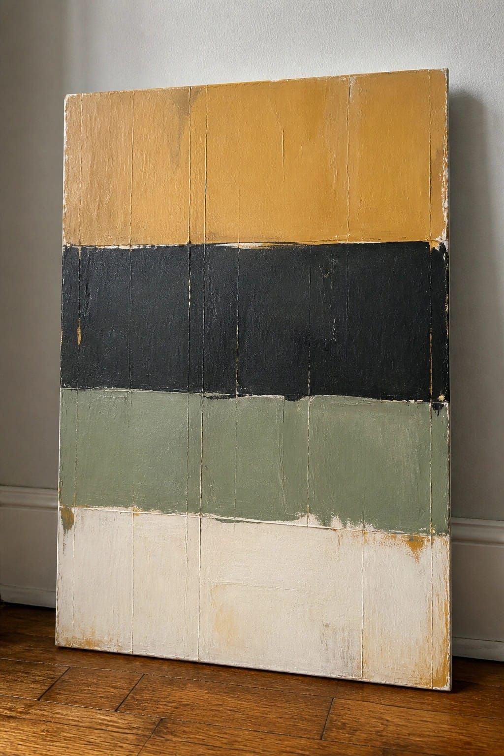Abstract painting with horizontal bands of yellow, black, green, and white leaning on floor