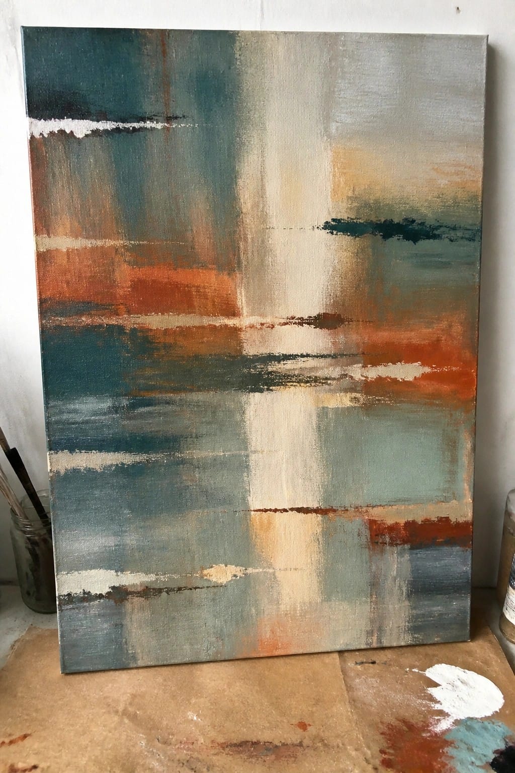 Abstract painting with teal, orange, gray and white horizontal brushstrokes on canvas