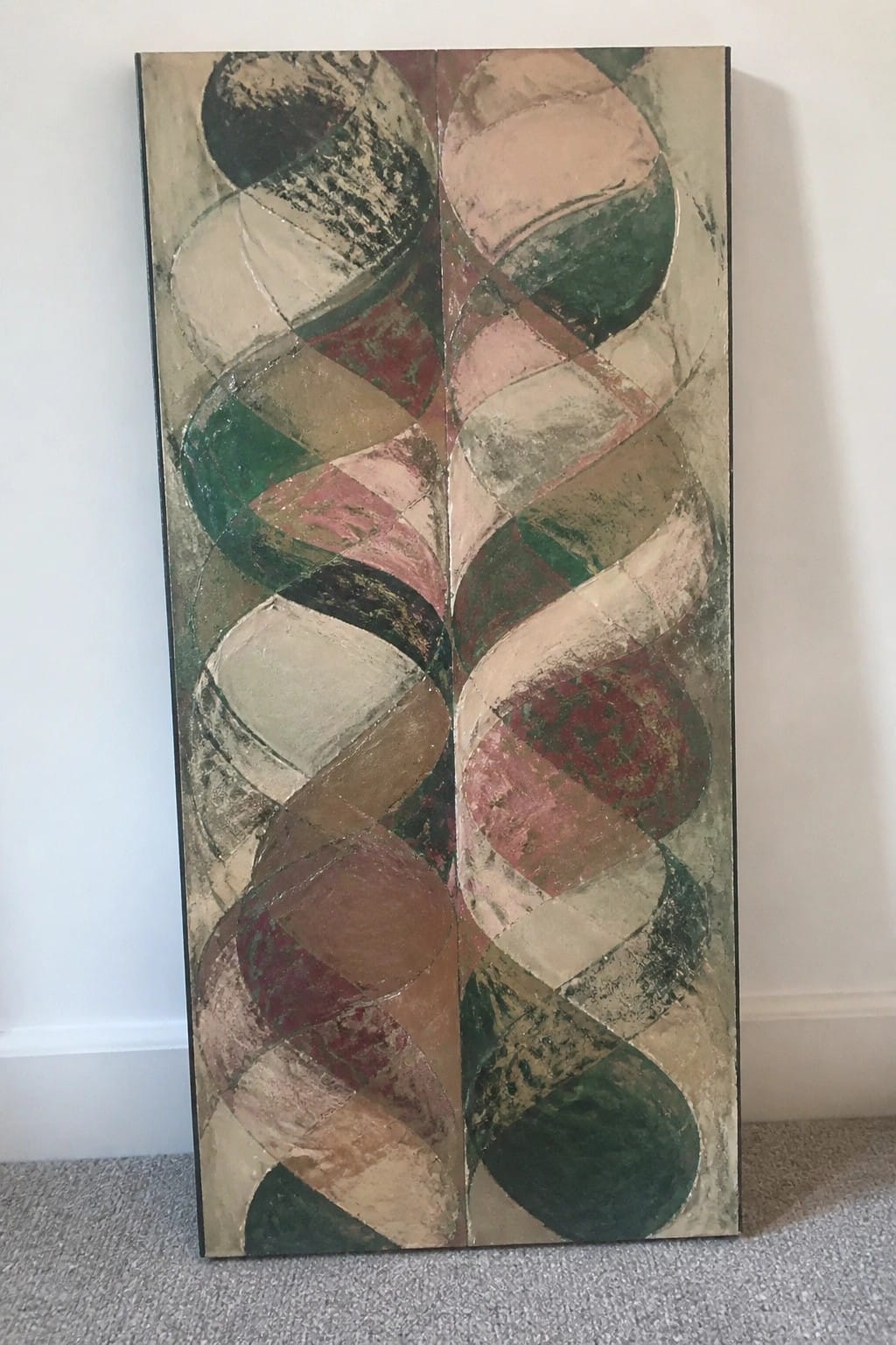 Abstract two-panel painting with swirling curves in green, red, and beige tones