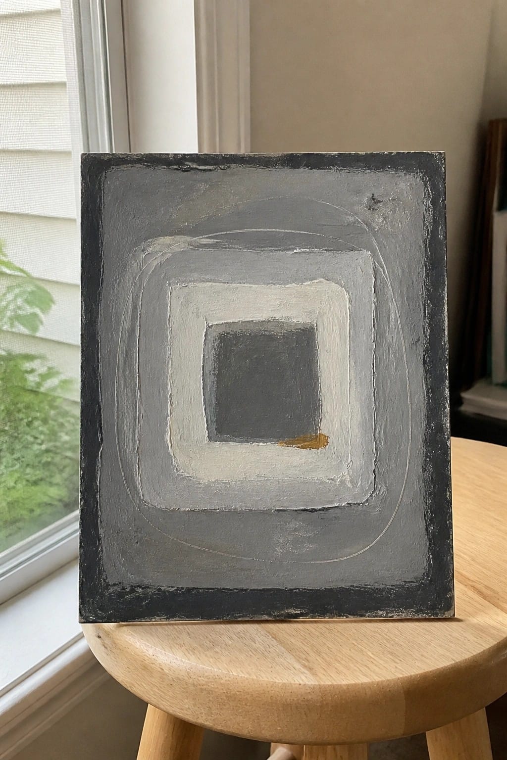 Concentric square abstract painting in shades of gray on wooden stool