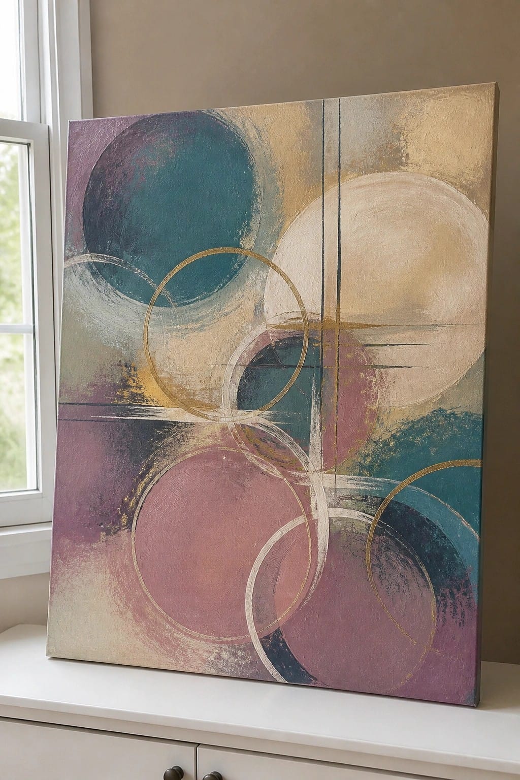 Abstract painting with overlapping circles in teal, purple, pink and gold on windowsill.