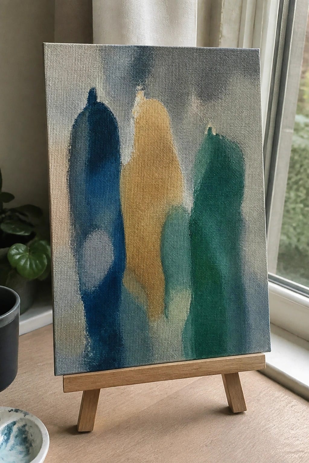 Abstract painting with blue, yellow, and green shapes on wooden easel