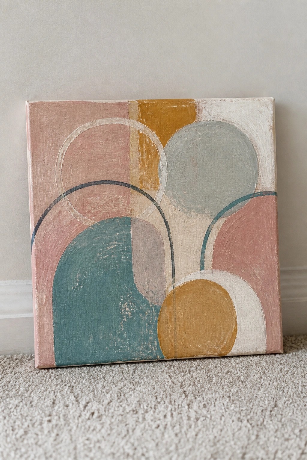 Abstract canvas painting with overlapping circles in pink, teal, mustard, and gray tones
