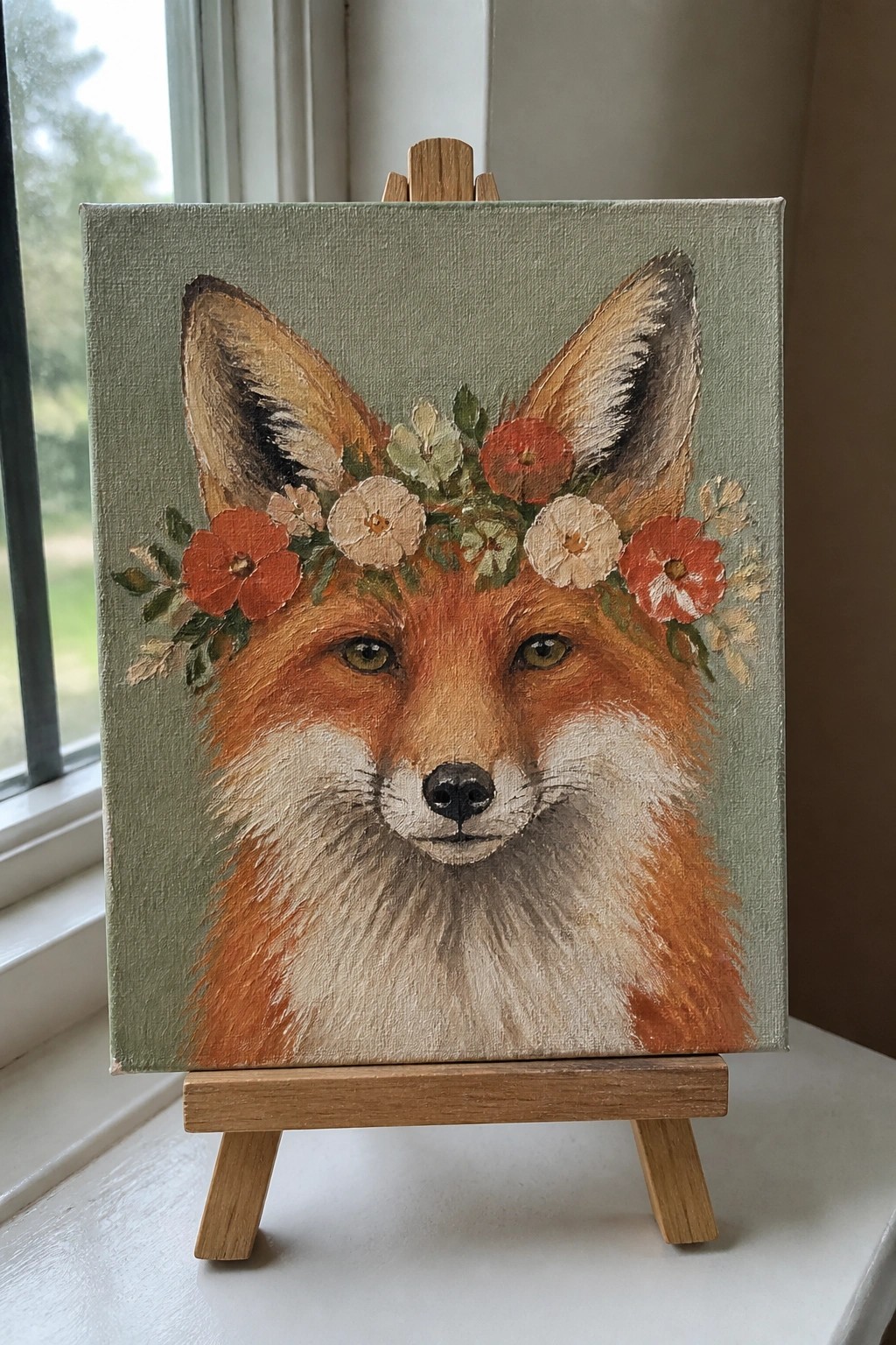 Fox painting with floral crown on canvas atop wooden easel by window.