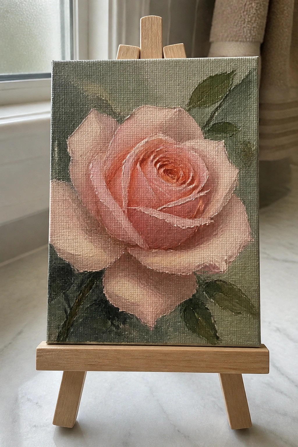 Pink rose painting on canvas displayed on small wooden easel by window