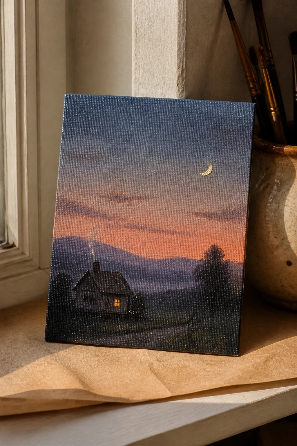 Canvas painting of house with glowing window under crescent moon in dusk sky