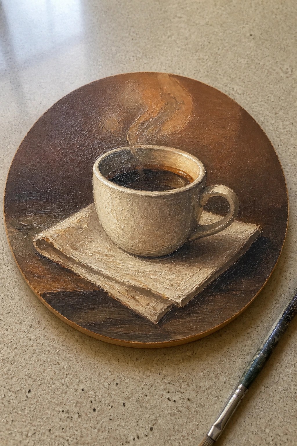 Steaming white coffee cup on napkin atop textured round wooden painting with brush.