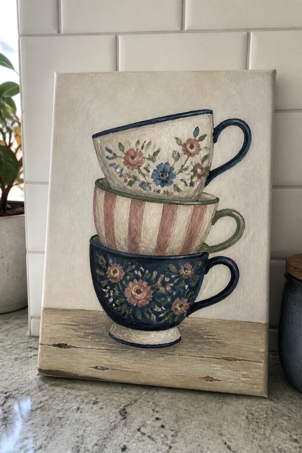 Three stacked decorative teacups with floral and striped patterns on canvas