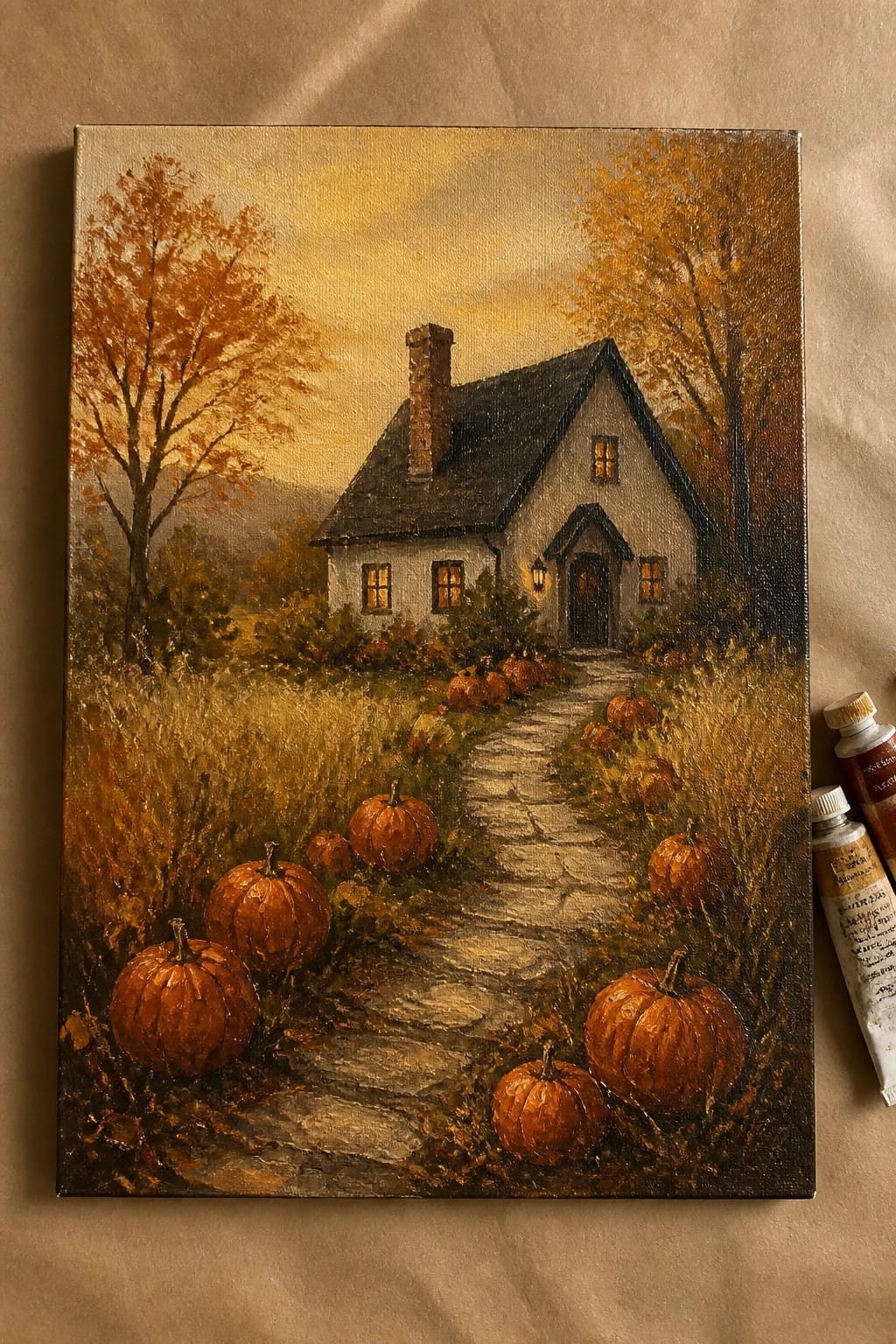 Autumn painting of cottage with pumpkins along stone path amid golden trees