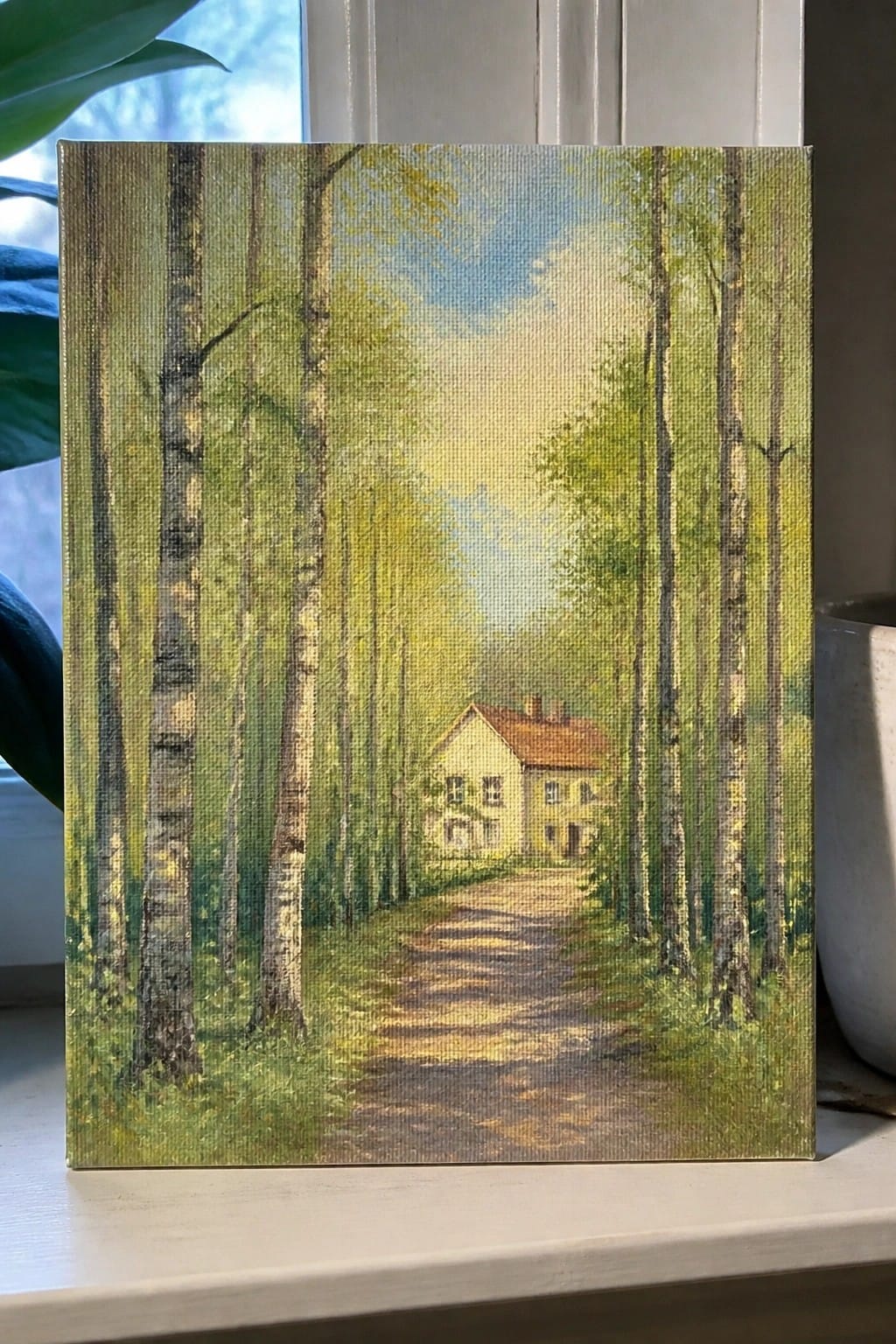 Impressionistic painting of sunlit path through birch trees to yellow house with red roof