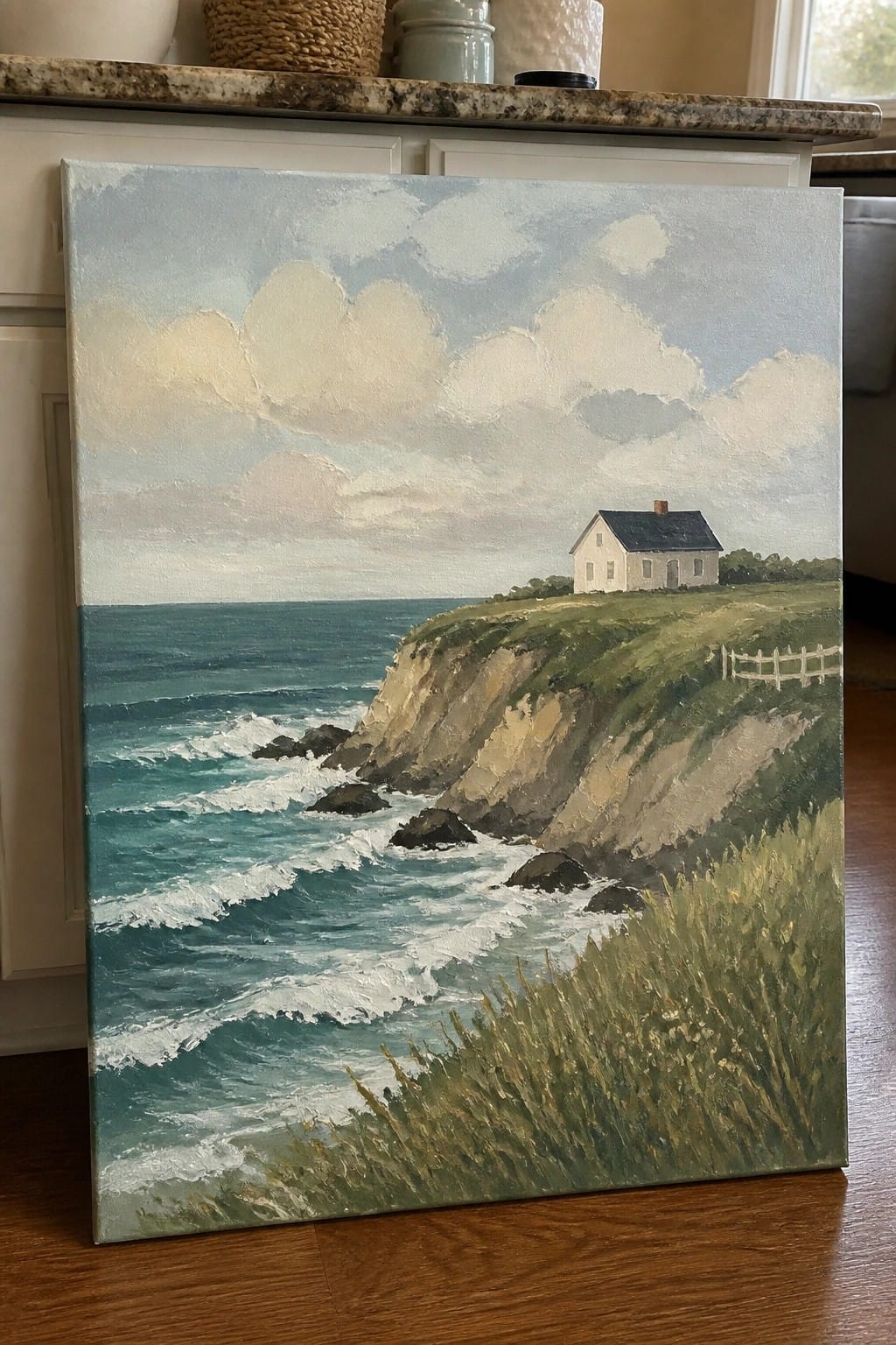 Oil painting of white house on grassy cliff overlooking waves crashing on rocks.