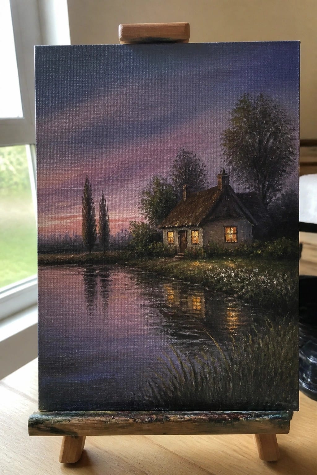 Oil painting on easel shows cottage with lit windows reflected in calm waters at dusk.