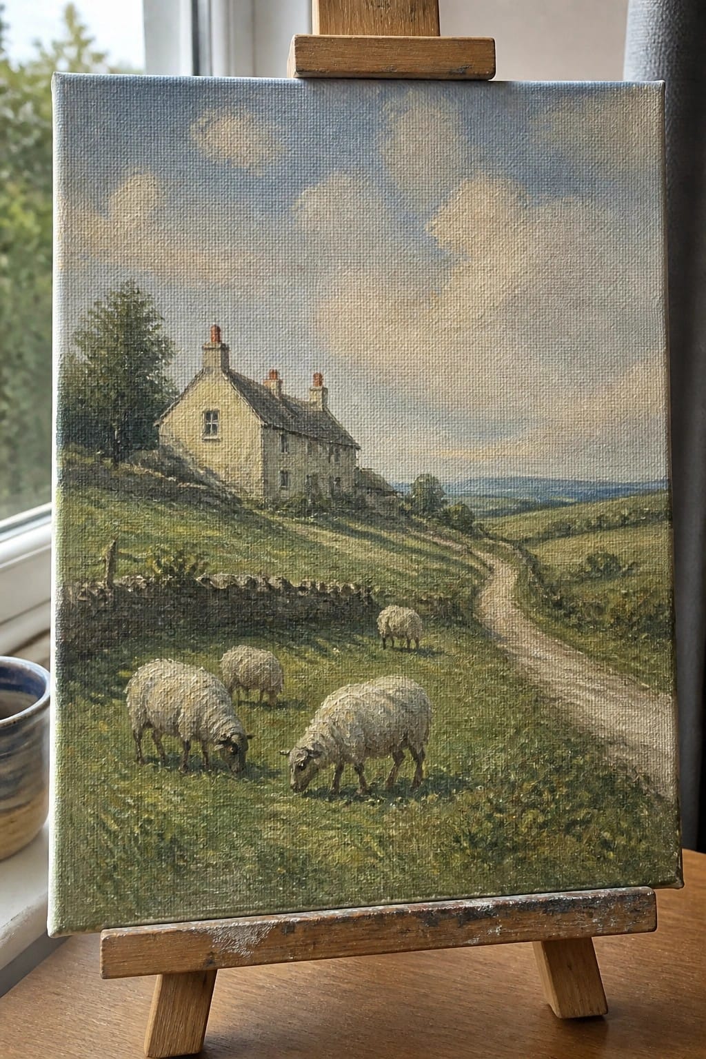 Oil painting on easel of sheep grazing by stone cottage and winding path.