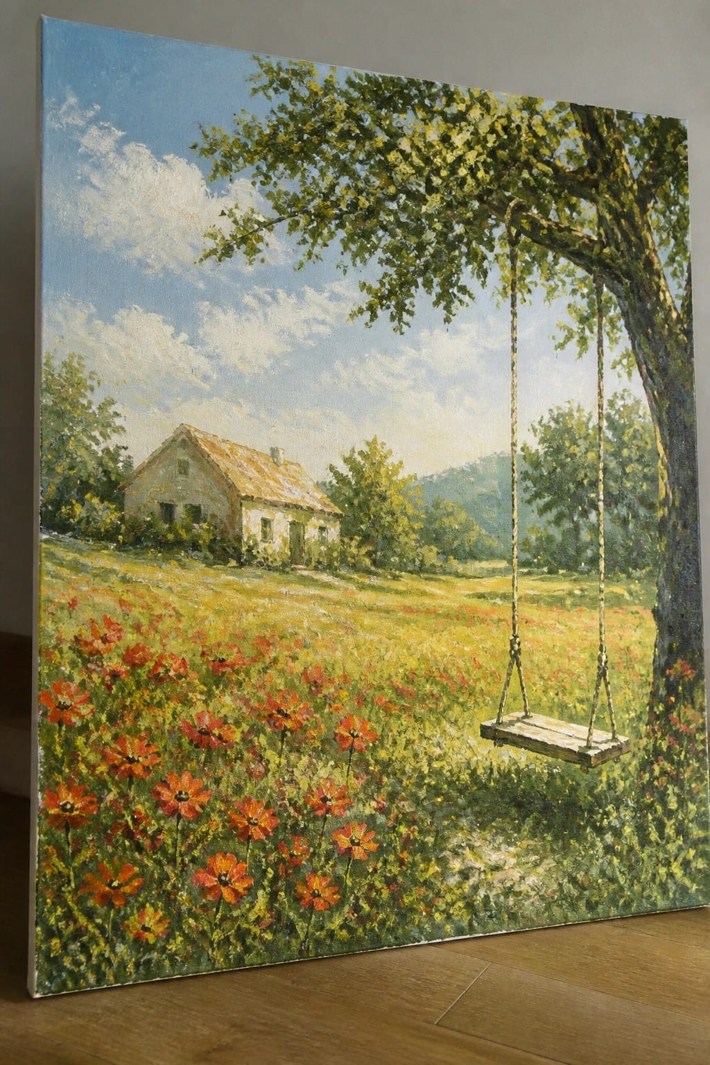 Rustic swing hanging from tree in red poppy field near old cottage