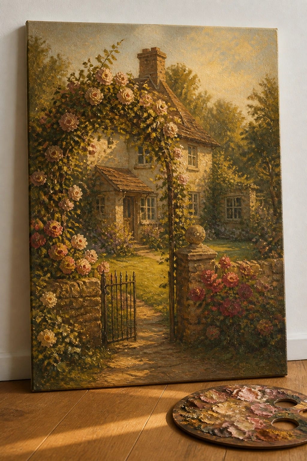 Oil painting of rose-covered cottage with artist's palette on wooden floor