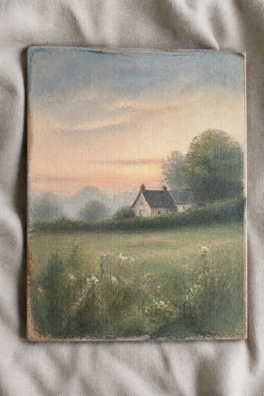 Pastel landscape painting of a cottage amid misty green fields at sunset